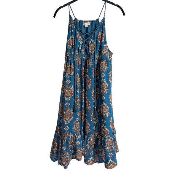 Coco + Jaimeson Teal Boho Print Tassel Mini Dress Size M Festival Cottagecore - Picture 3 of 8